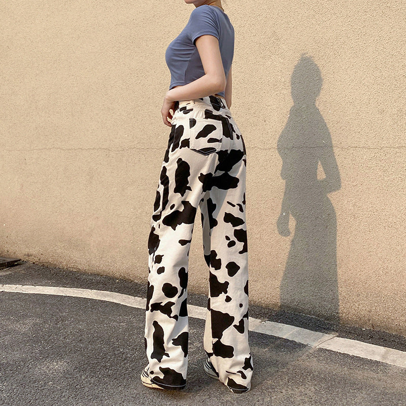 Black & White Cow Print Straight Jeans