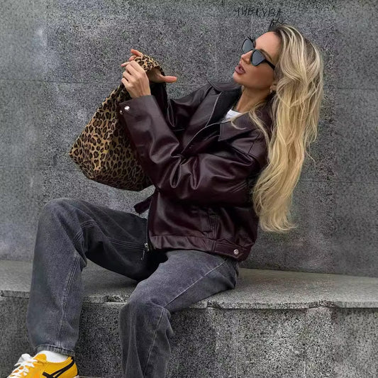 Lapel Faux Leather Zipper Jacket – Casual Long Sleeve Coat for Women