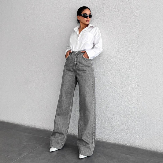Silver‑Gray High‑Waisted Straight‑Leg Denim Jeans