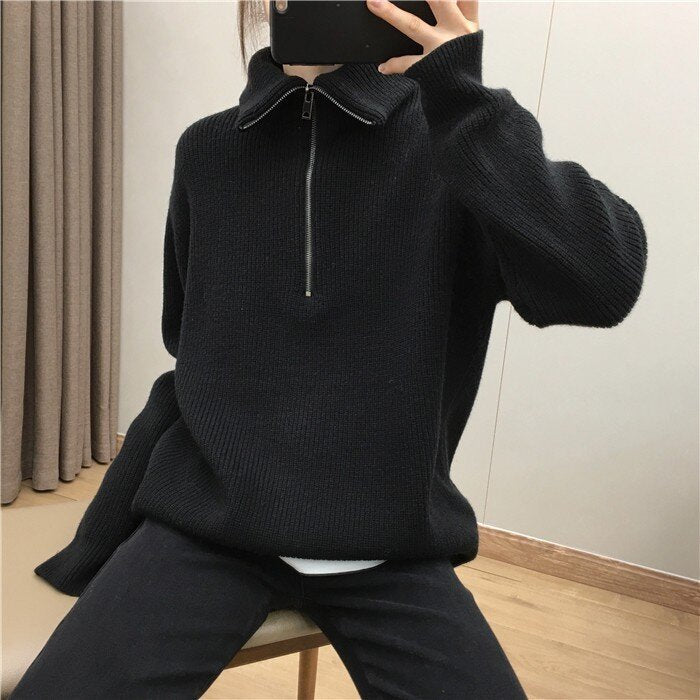 Large Lapel Zip-Up Knit Sweater