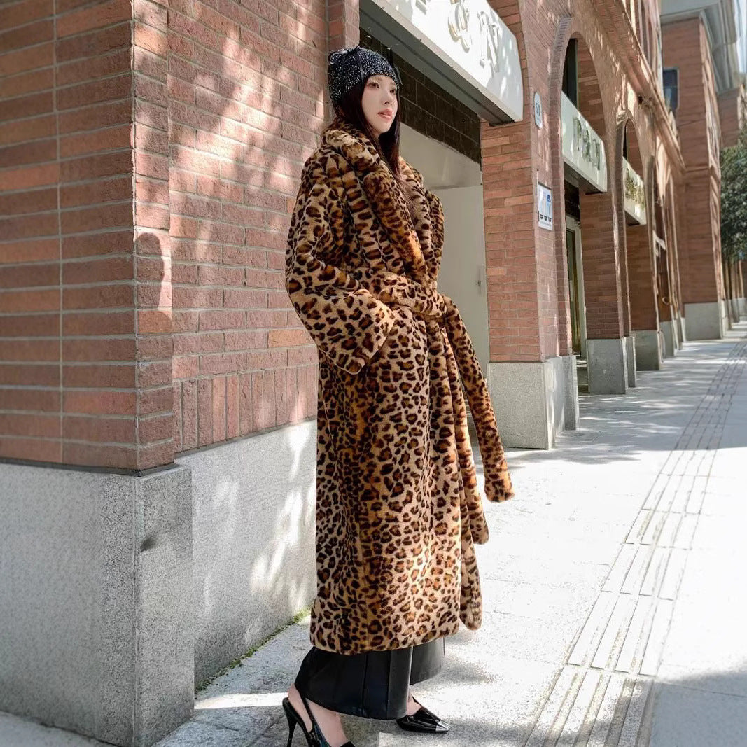 Leopard Print Faux Fur Long Coat
