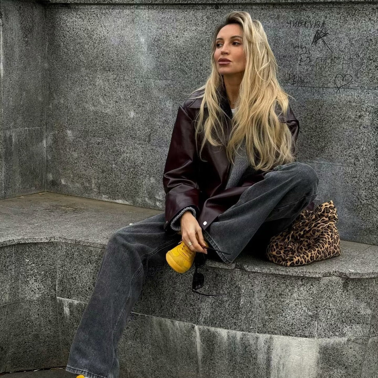 Lapel Faux Leather Zipper Jacket – Casual Long Sleeve Coat for Women