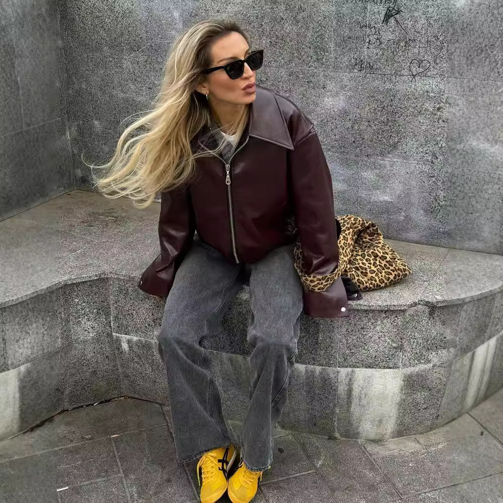 Lapel Faux Leather Zipper Jacket – Casual Long Sleeve Coat for Women