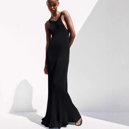 Long Sleeveless Ruffled Knit Dress