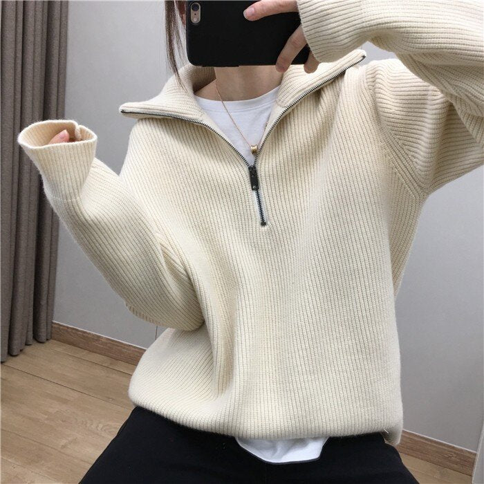 Large Lapel Zip-Up Knit Sweater