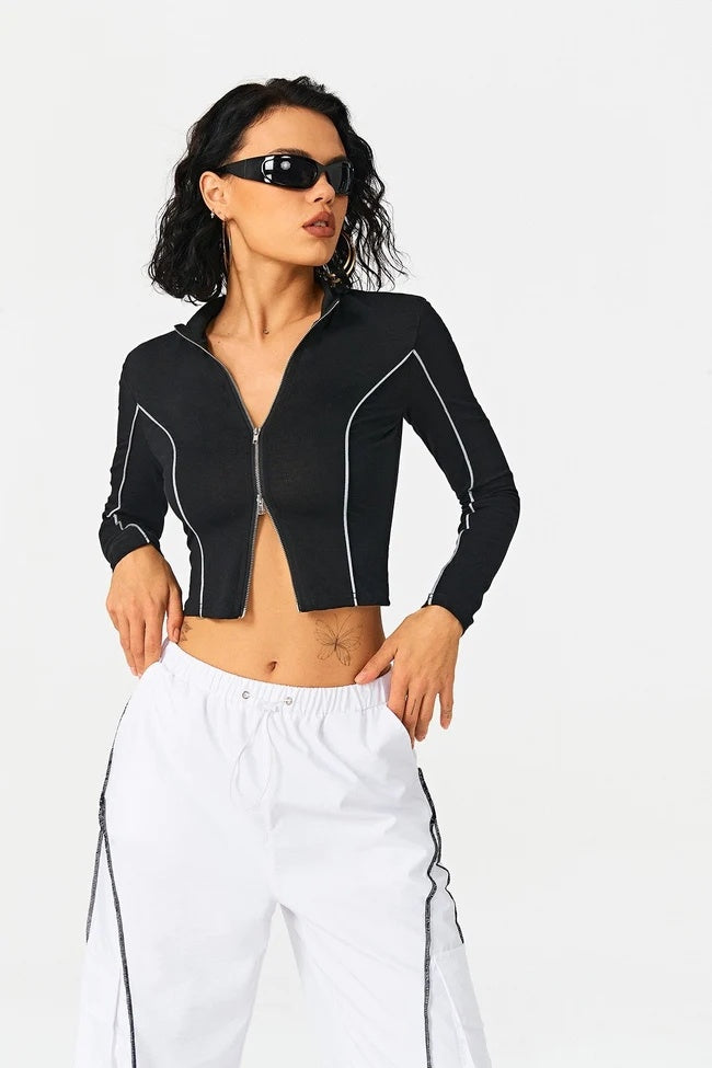 Contrast Trim High-Neck Knit Top