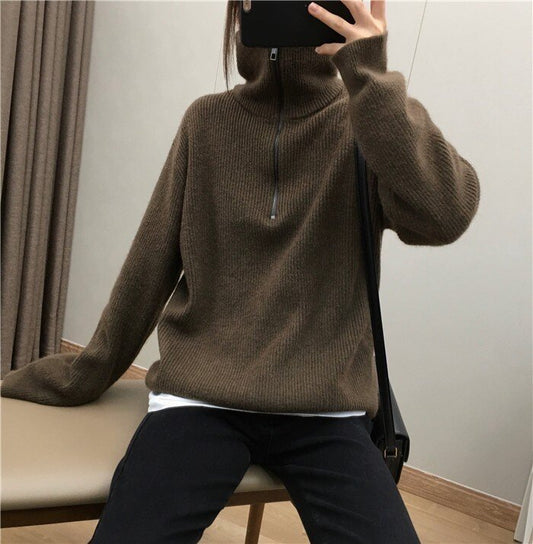 Large Lapel Zip-Up Knit Sweater