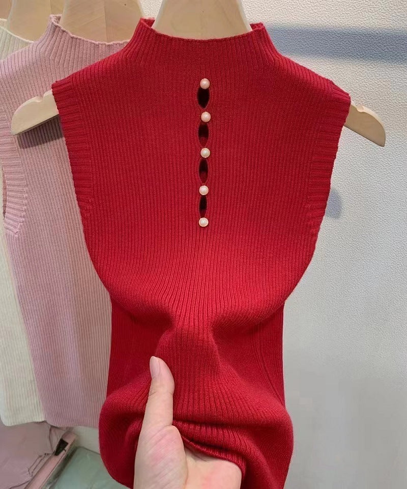 High-Neck Sleeveless Knit Top with Decorative Buttons