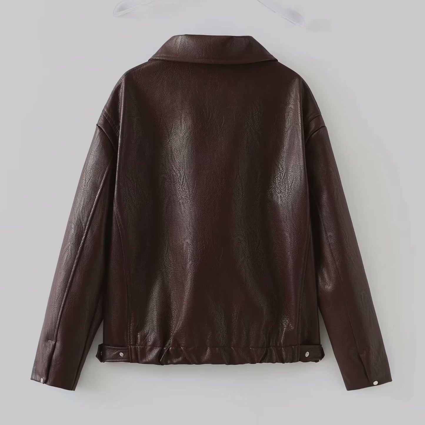 Lapel Faux Leather Zipper Jacket – Casual Long Sleeve Coat for Women
