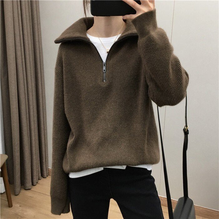 Large Lapel Zip-Up Knit Sweater