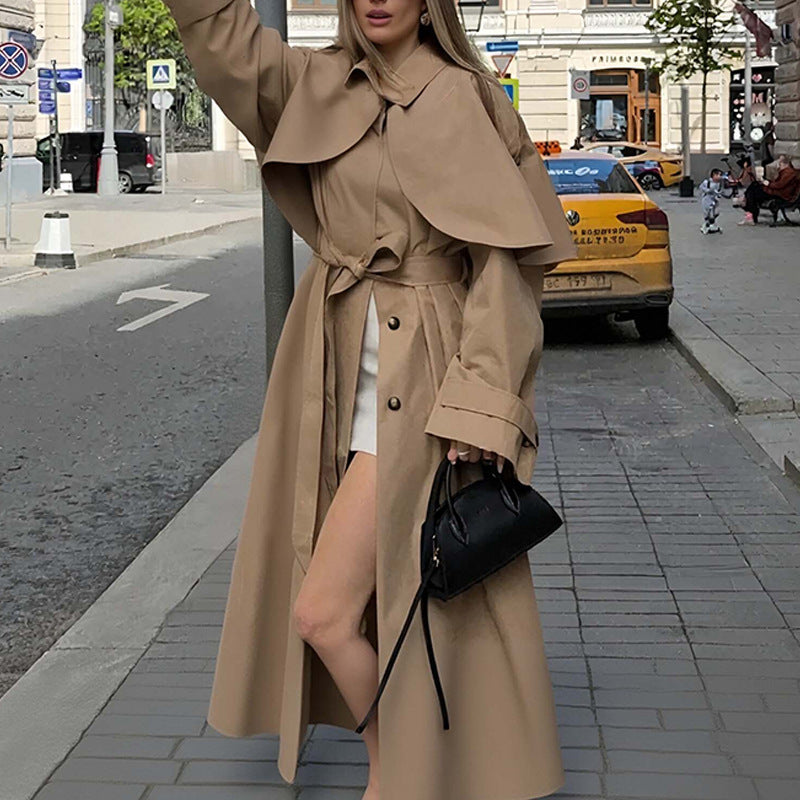 Elegant Mid-Length Trench Coat with Lapel Collar – Women’s