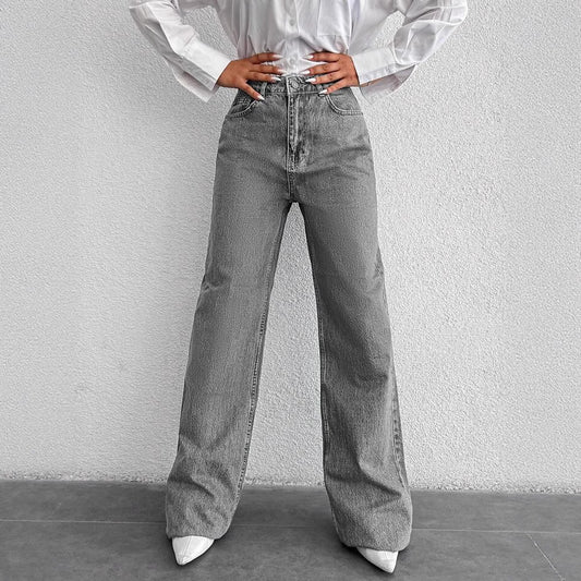 Silver‑Gray High‑Waisted Straight‑Leg Denim Jeans
