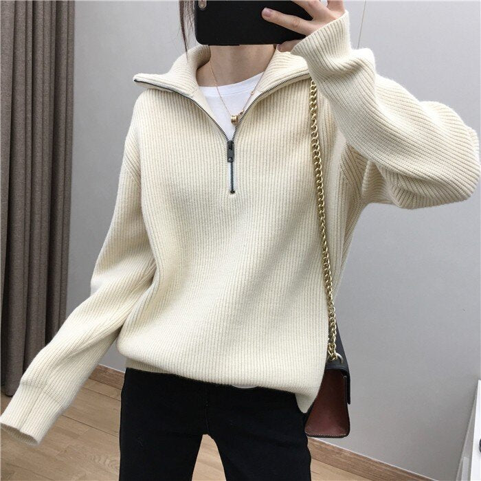 Large Lapel Zip-Up Knit Sweater
