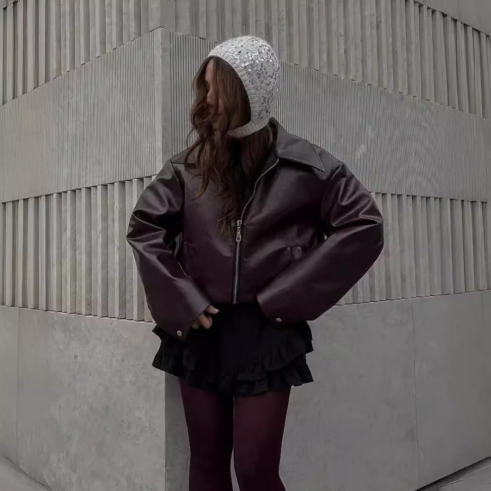 Lapel Faux Leather Zipper Jacket – Casual Long Sleeve Coat for Women