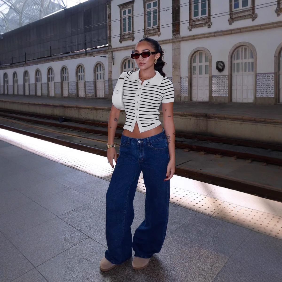 Striped Short Sleeve Wool Cardigan