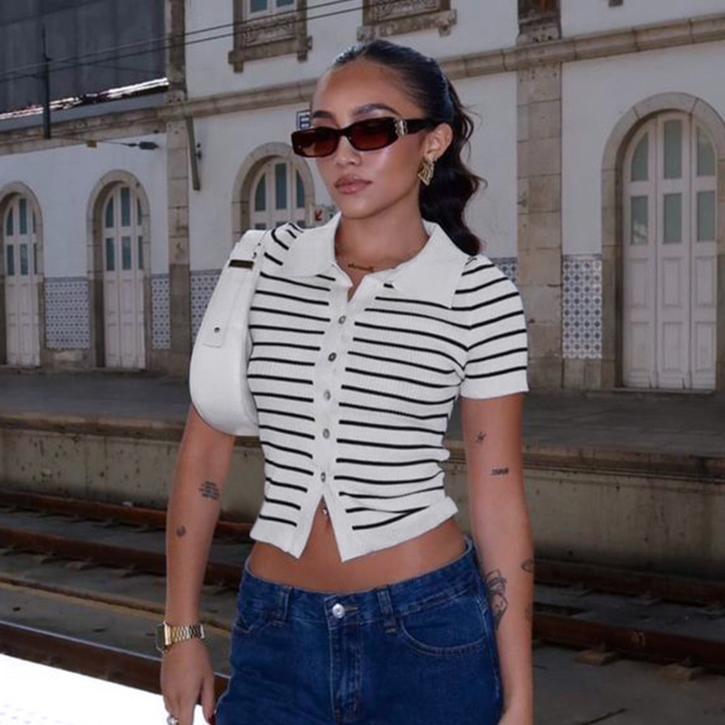 Striped Short Sleeve Wool Cardigan