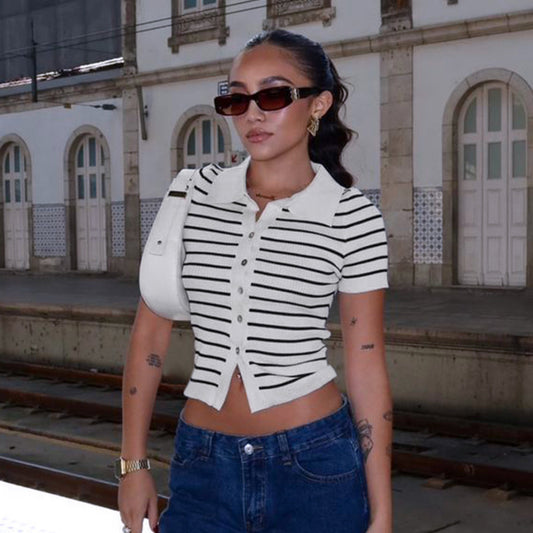 Striped Short Sleeve Wool Cardigan