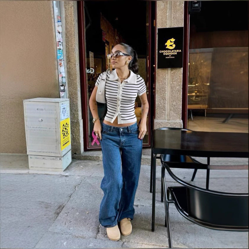 Striped Short Sleeve Wool Cardigan