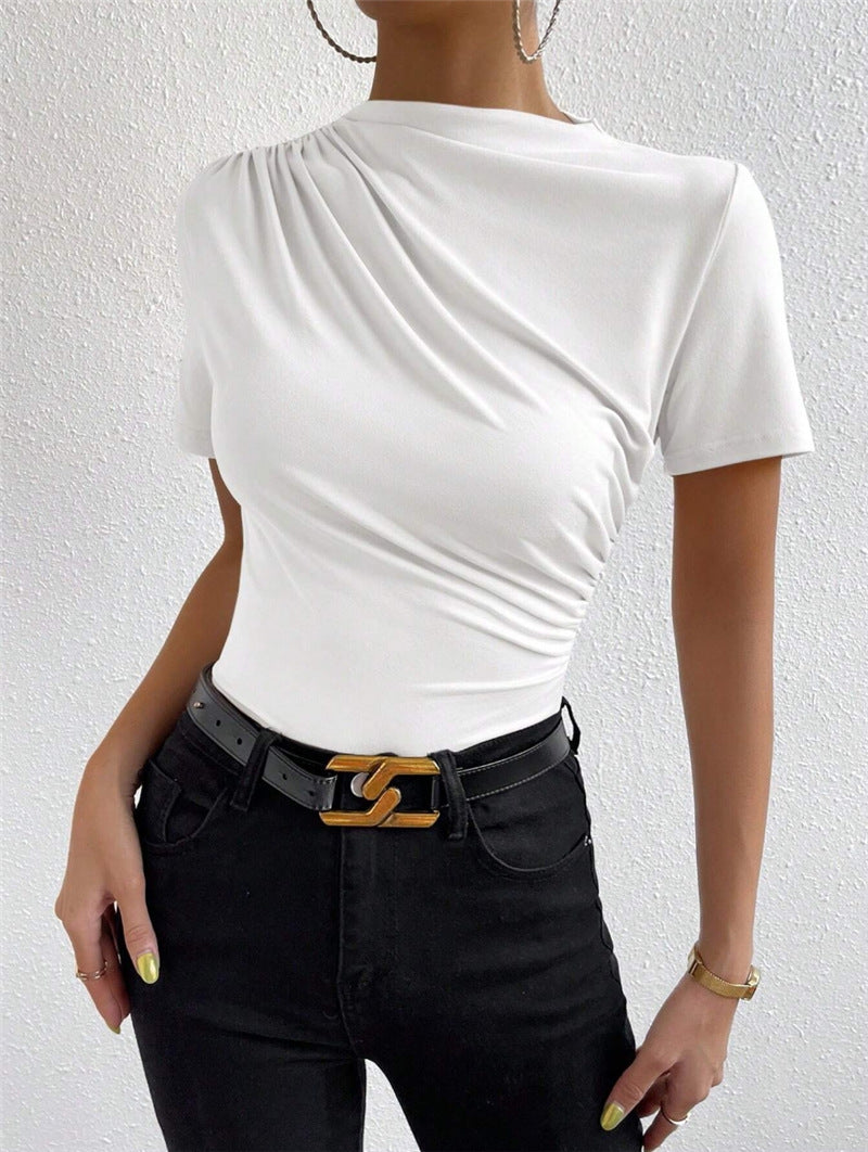 Slim-Fit Pleated Mock Neck Top