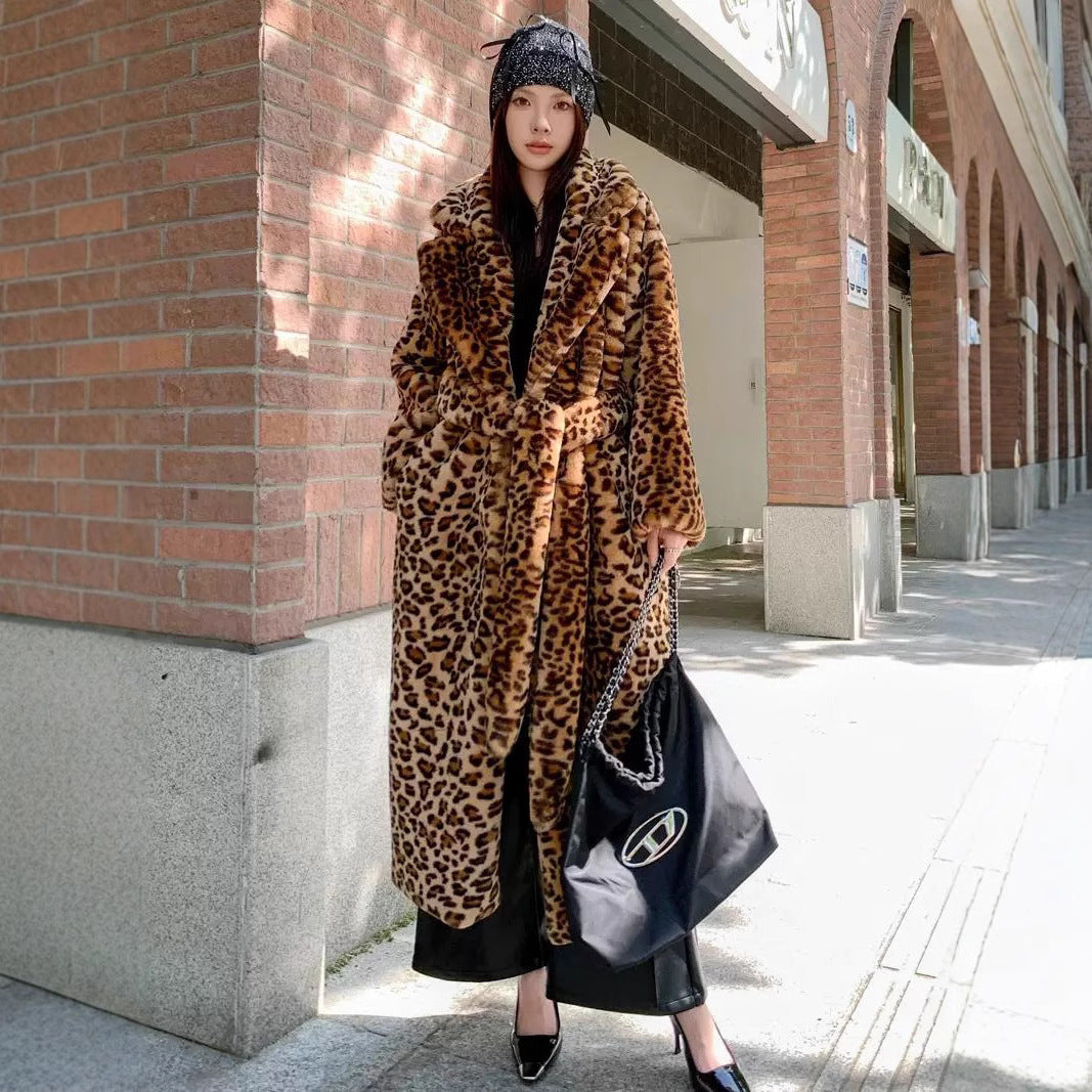 Leopard Print Faux Fur Long Coat