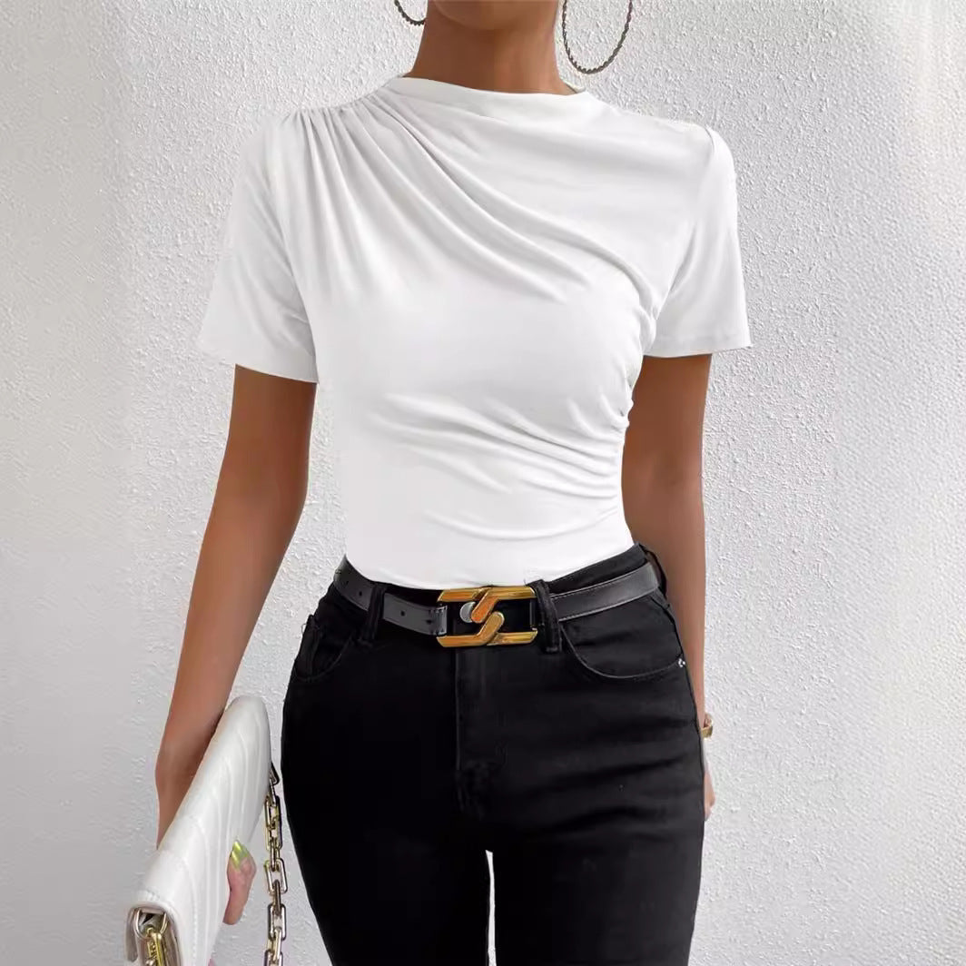 Slim-Fit Pleated Mock Neck Top