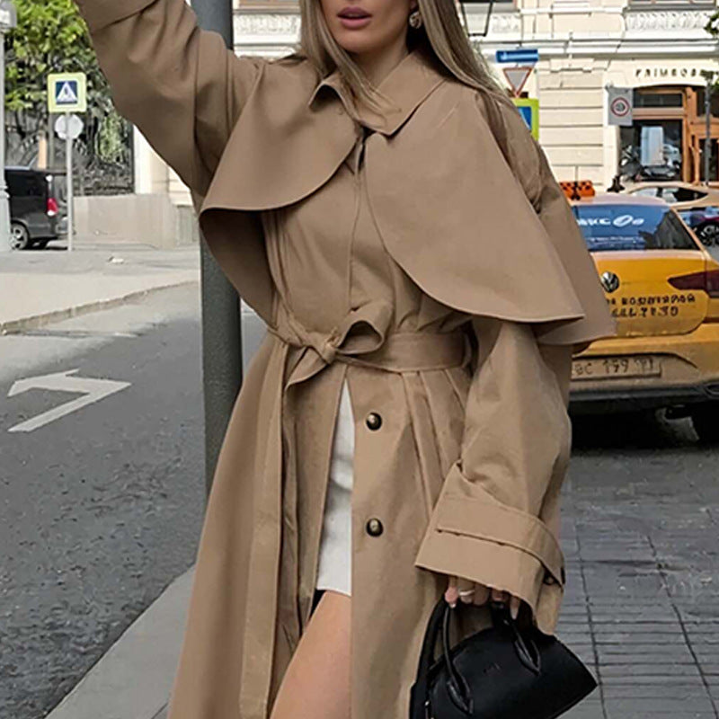 Elegant Mid-Length Trench Coat with Lapel Collar – Women’s