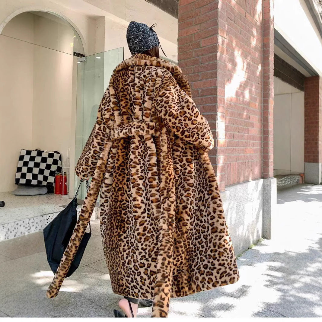 Leopard Print Faux Fur Long Coat