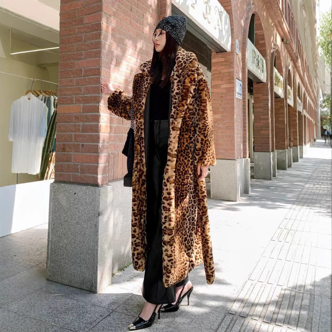 Leopard Print Faux Fur Long Coat