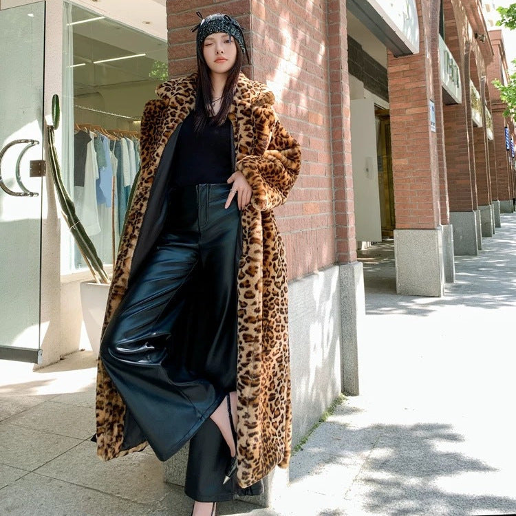 Leopard Print Faux Fur Long Coat