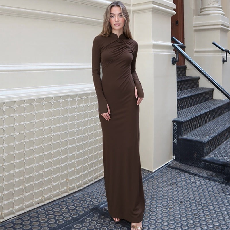 Elegant Long-Sleeve Back-Slit Bodycon Dress