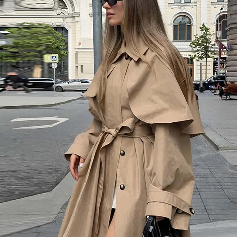 Elegant Mid-Length Trench Coat with Lapel Collar – Women’s